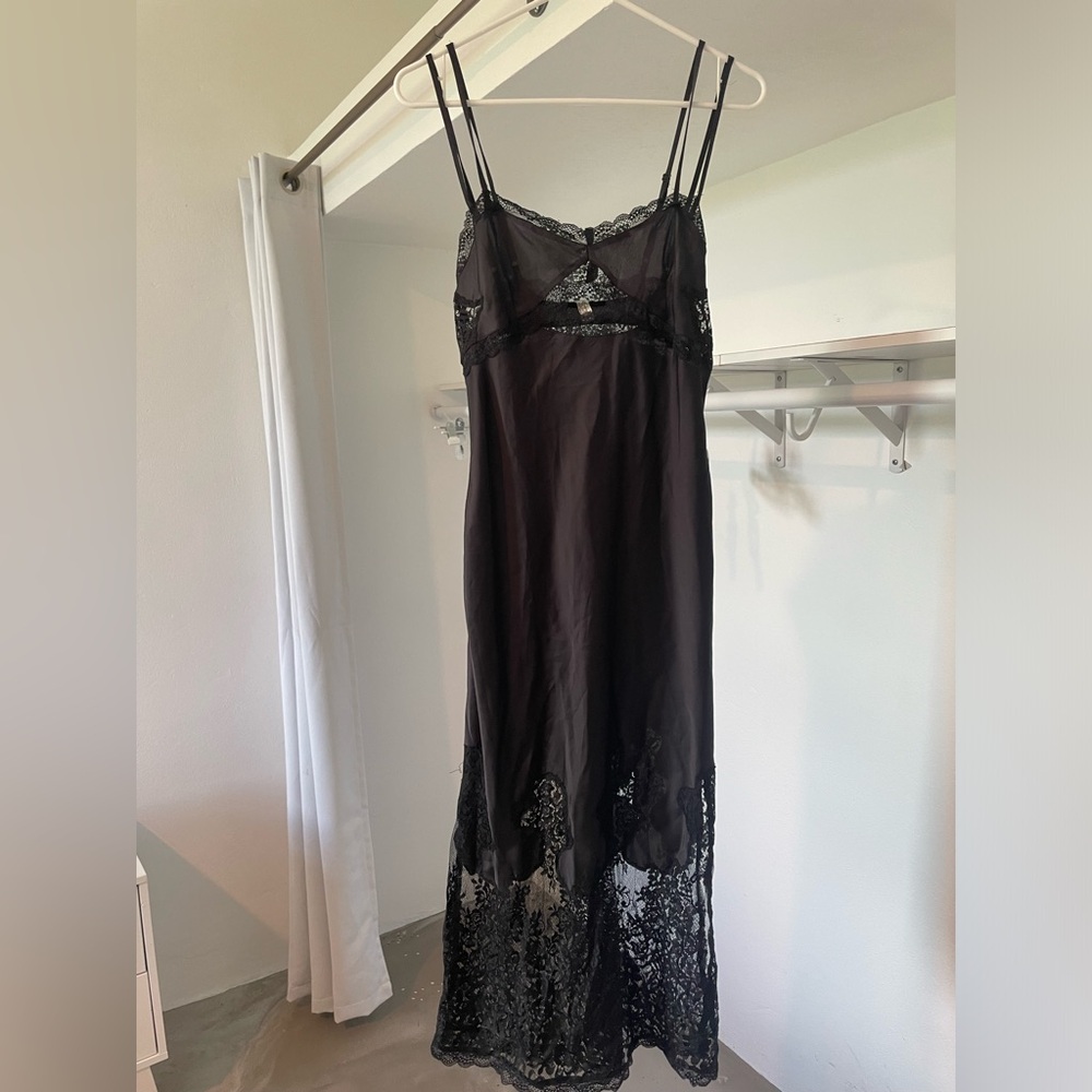 Black, Satin, Lace Detail Maxi Dress with Slit, Adjustable Straps- Free People